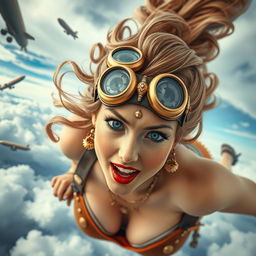 A beautiful steampunk lady with striking blue eyes and vibrant red lips, gracefully falling from the sky