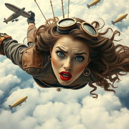 A beautiful steampunk lady with striking blue eyes and vibrant red lips, gracefully falling from the sky