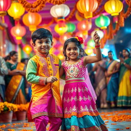 A picturesque scene featuring a vibrant Indian festival celebration with colorful decorations, traditional clothing, and joyful ambiance