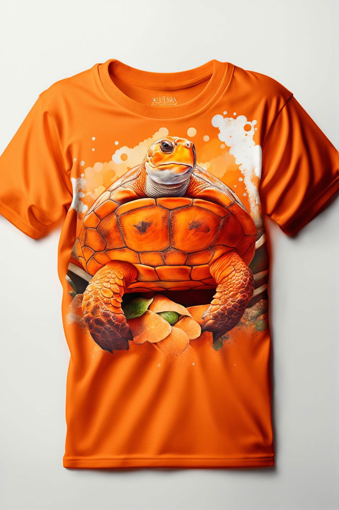 The image portrays a radiant orange graphic tee with a small, detailed turtle print on the chest