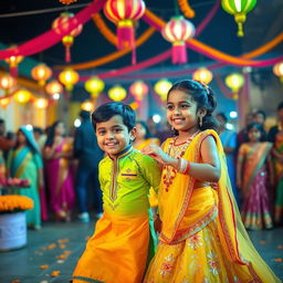 A picturesque scene featuring a vibrant Indian festival celebration with colorful decorations, traditional clothing, and joyful ambiance