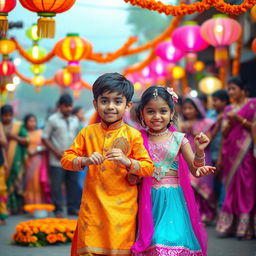 A picturesque scene featuring a vibrant Indian festival celebration with colorful decorations, traditional clothing, and joyful ambiance