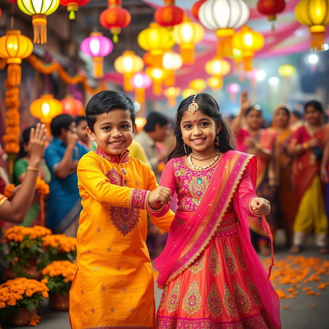 A picturesque scene featuring a vibrant Indian festival celebration with colorful decorations, traditional clothing, and joyful ambiance