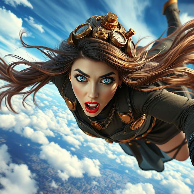 A beautiful steampunk lady with striking blue eyes and bold red lips, elegantly designed attire featuring gears and copper elements, falling from the sky