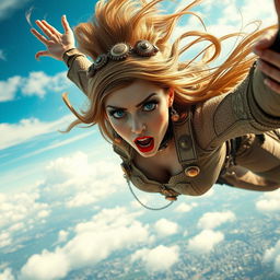 A beautiful steampunk lady with striking blue eyes and bold red lips, elegantly designed attire featuring gears and copper elements, falling from the sky