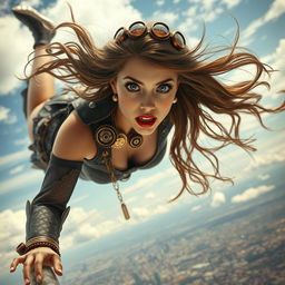 A beautiful steampunk lady with striking blue eyes and bold red lips, elegantly designed attire featuring gears and copper elements, falling from the sky
