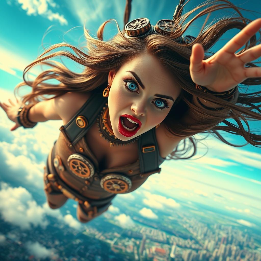 A beautiful steampunk lady with striking blue eyes and bold red lips, elegantly designed attire featuring gears and copper elements, falling from the sky