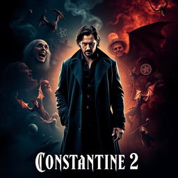 A striking movie poster for 'Constantine 2,' featuring Keanu Reeves as the iconic character John Constantine