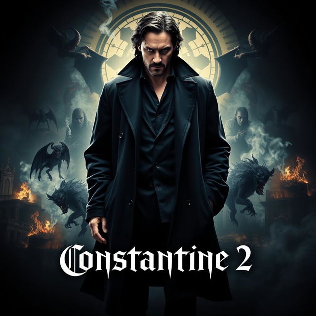 A striking movie poster for 'Constantine 2,' featuring Keanu Reeves as the iconic character John Constantine