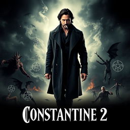 A striking movie poster for 'Constantine 2,' featuring Keanu Reeves as the iconic character John Constantine