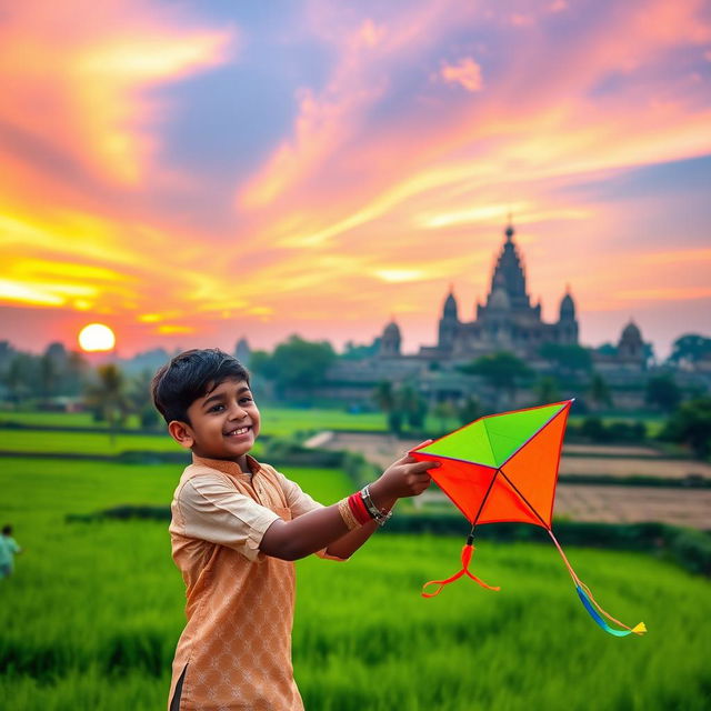 A beautiful Indian landscape during sunset, featuring vibrant colors like orange and pink in the sky, lush green fields, and a majestic ancient temple in the background