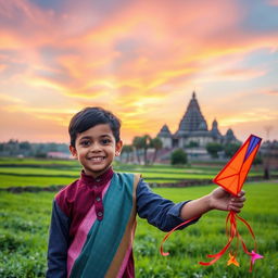A beautiful Indian landscape during sunset, featuring vibrant colors like orange and pink in the sky, lush green fields, and a majestic ancient temple in the background
