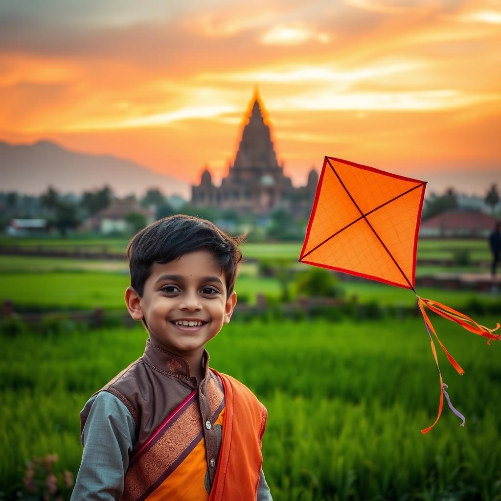 A beautiful Indian landscape during sunset, featuring vibrant colors like orange and pink in the sky, lush green fields, and a majestic ancient temple in the background