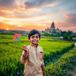 A beautiful Indian landscape during sunset, featuring vibrant colors like orange and pink in the sky, lush green fields, and a majestic ancient temple in the background