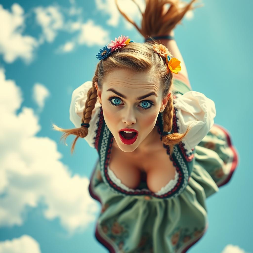 A stunning Oktoberfest lady with striking blue eyes and vibrant red lips, falling from the sky with a shocked and scared expression