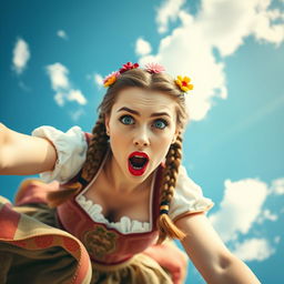 A stunning Oktoberfest lady with striking blue eyes and vibrant red lips, falling from the sky with a shocked and scared expression