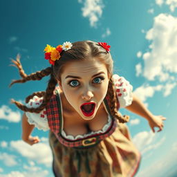 A stunning Oktoberfest lady with striking blue eyes and vibrant red lips, falling from the sky with a shocked and scared expression