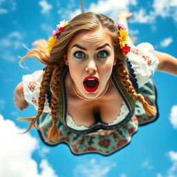 A stunning Oktoberfest lady with striking blue eyes and vibrant red lips, falling from the sky with a shocked and scared expression