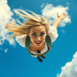 A beautiful blonde woman with striking blue eyes and bold red lips, dressed in traditional Oktoberfest attire, is dramatically falling from the sky
