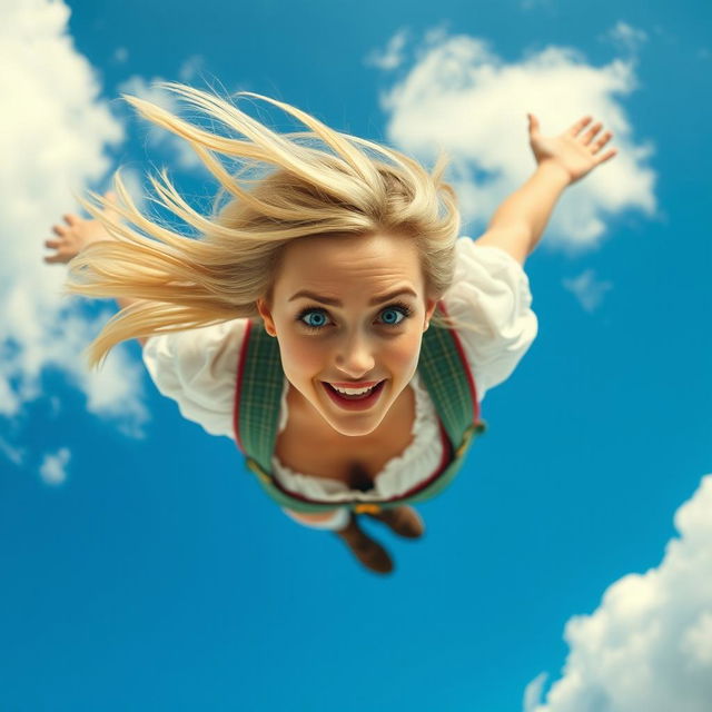 A beautiful blonde woman with striking blue eyes and bold red lips, dressed in traditional Oktoberfest attire, is dramatically falling from the sky