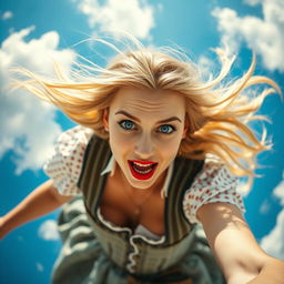 A beautiful blonde woman with striking blue eyes and bold red lips, dressed in traditional Oktoberfest attire, is dramatically falling from the sky
