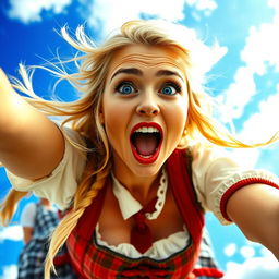 A beautiful blonde woman with striking blue eyes and bold red lips, dressed in traditional Oktoberfest attire, is dramatically falling from the sky
