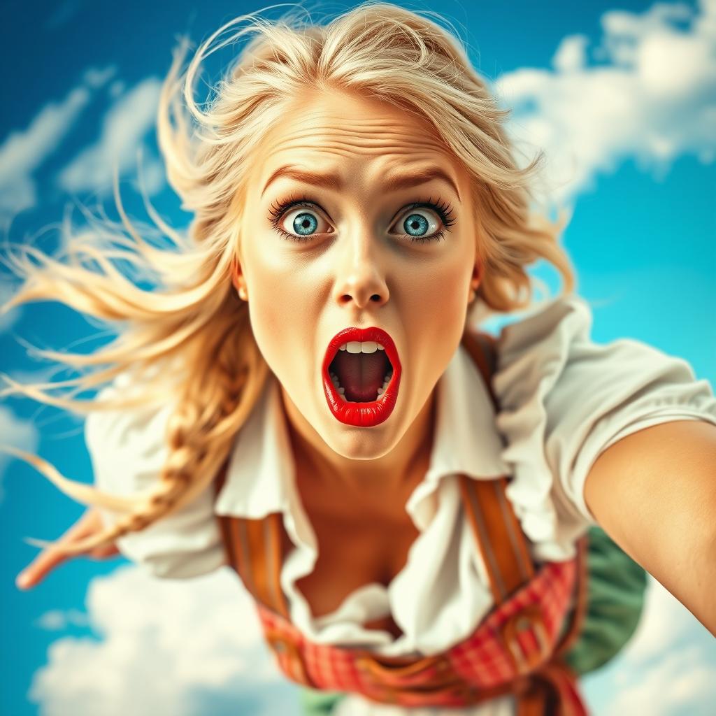 A beautiful blonde woman with striking blue eyes and bold red lips, dressed in traditional Oktoberfest attire, is dramatically falling from the sky