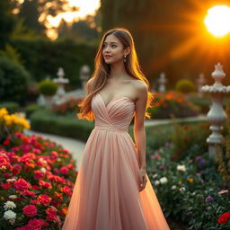A beautiful, elegant young woman, dressed in a stunning evening gown, standing gracefully in a luxurious garden