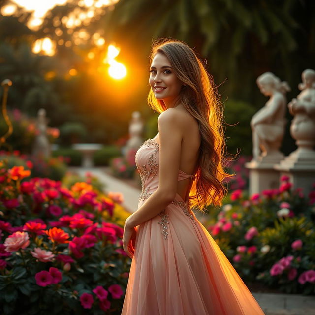 A beautiful, elegant young woman, dressed in a stunning evening gown, standing gracefully in a luxurious garden