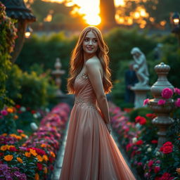 A beautiful, elegant young woman, dressed in a stunning evening gown, standing gracefully in a luxurious garden