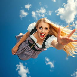A beautiful blonde lady representing Oktoberfest, with bright blue eyes and vibrant red lips, in a flowing traditional dirndl dress