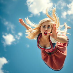 A beautiful blonde lady representing Oktoberfest, with bright blue eyes and vibrant red lips, in a flowing traditional dirndl dress