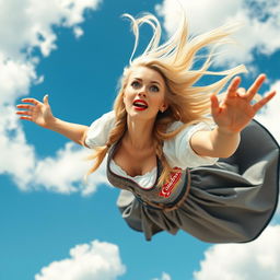 A beautiful blonde lady representing Oktoberfest, with bright blue eyes and vibrant red lips, in a flowing traditional dirndl dress