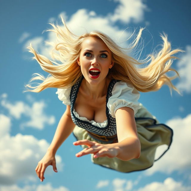 A beautiful blonde lady representing Oktoberfest, with bright blue eyes and vibrant red lips, in a flowing traditional dirndl dress