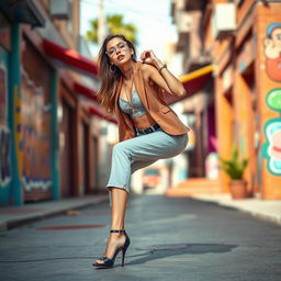 A stylish and fashionable young woman wearing trendy heels, showcasing her confidence and poise in a vibrant urban setting