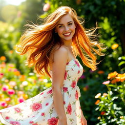 A beautiful young woman with flowing auburn hair, wearing a stylish summer dress with floral patterns, standing in a sunlit garden