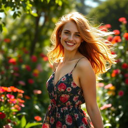 A beautiful young woman with flowing auburn hair, wearing a stylish summer dress with floral patterns, standing in a sunlit garden