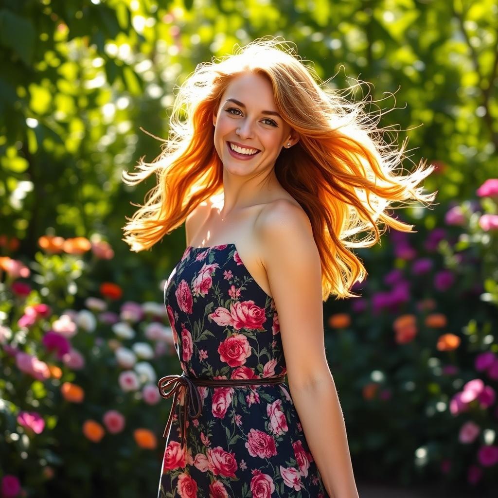 A beautiful young woman with flowing auburn hair, wearing a stylish summer dress with floral patterns, standing in a sunlit garden