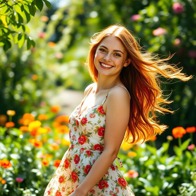 A beautiful young woman with flowing auburn hair, wearing a stylish summer dress with floral patterns, standing in a sunlit garden