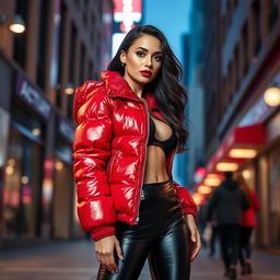 A stunningly attractive slim woman with large breasts, confidently posed while wearing a shiny red tight puffer jacket that hugs her curves and sleek black latex leggings that accentuate her figure