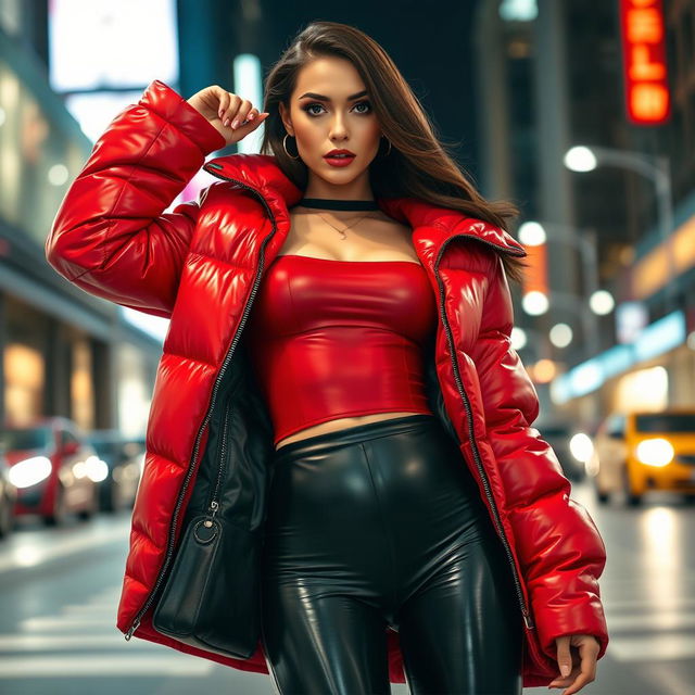 A stunningly attractive slim woman with large breasts, confidently posed while wearing a shiny red tight puffer jacket that hugs her curves and sleek black latex leggings that accentuate her figure