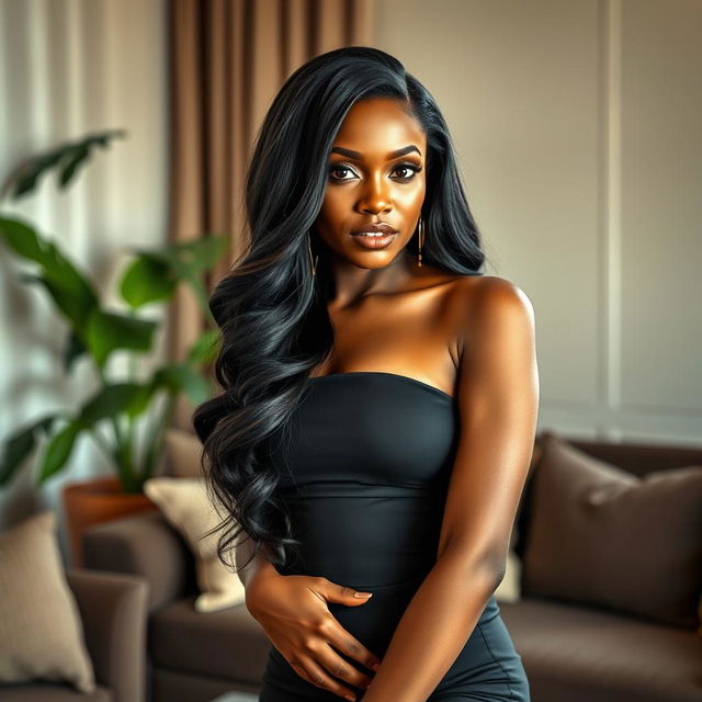 A stunning Black woman in her 30s, with gorgeous long hair styled beautifully