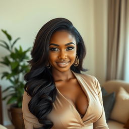 A stunning Black woman in her 30s, with gorgeous long hair styled beautifully