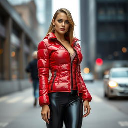 A captivating slim woman with ample breasts, confidently standing in a shiny red tight puffer jacket that fits snugly, paired with form-fitting black latex leggings that highlight her curves