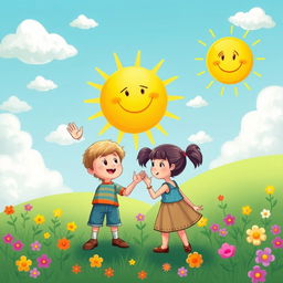 A vibrant and whimsical scene depicting two children engaged in a playful debate about the sun