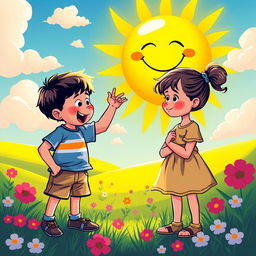 A vibrant and whimsical scene depicting two children engaged in a playful debate about the sun