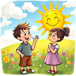 A vibrant and whimsical scene depicting two children engaged in a playful debate about the sun