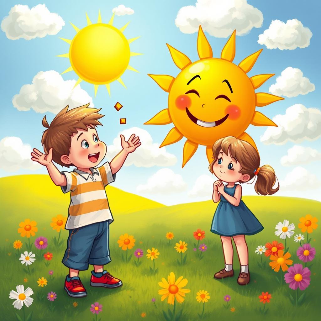 A vibrant and whimsical scene depicting two children engaged in a playful debate about the sun