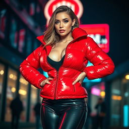 An alluring slim woman with well-defined curves and big breasts, striking a confident pose in a shiny red tight puffer jacket that gleams under the light