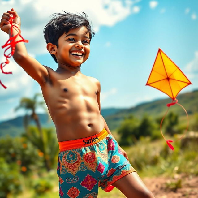 A playful, colorful design featuring a young Indian boy playing outdoors in comfortable, vibrant underwear